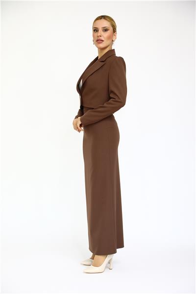 Erkek Yaka Tek Düğmeli Kısa Ceket & Uzun Düz Dar Etek-Kestane