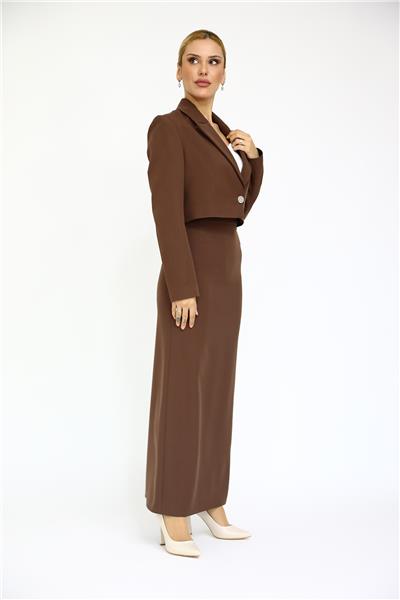 Erkek Yaka Tek Düğmeli Kısa Ceket & Uzun Düz Dar Etek-Kestane
