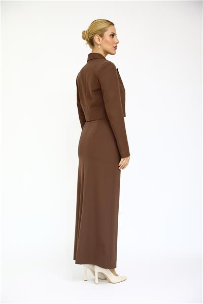 Erkek Yaka Tek Düğmeli Kısa Ceket & Uzun Düz Dar Etek-Kestane