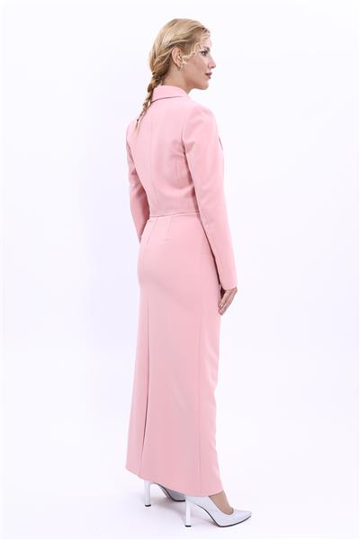 Erkek Yaka Tek Düğmeli Kısa Ceket & Uzun Düz Dar Etek-Pudra