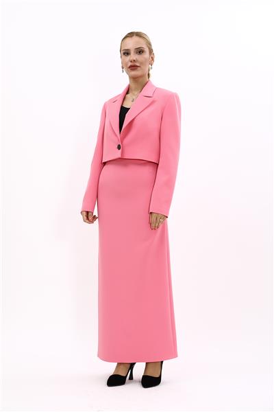 Erkek Yaka Tek Düğmeli Kısa Ceket & Uzun Düz Dar Etek-Pembe