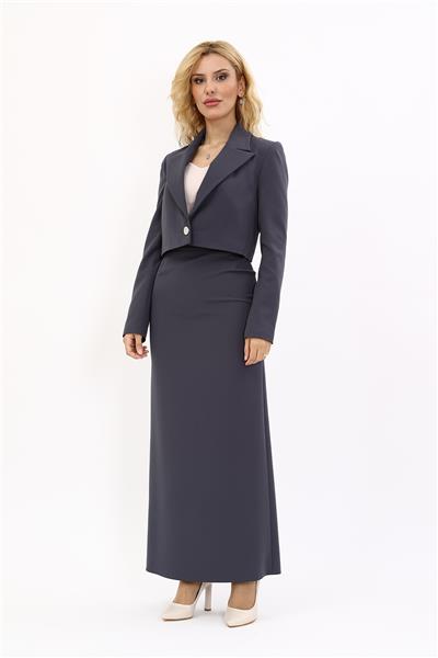 Erkek Yaka Tek Düğmeli Kısa Ceket & Uzun Düz Dar Etek-Füme