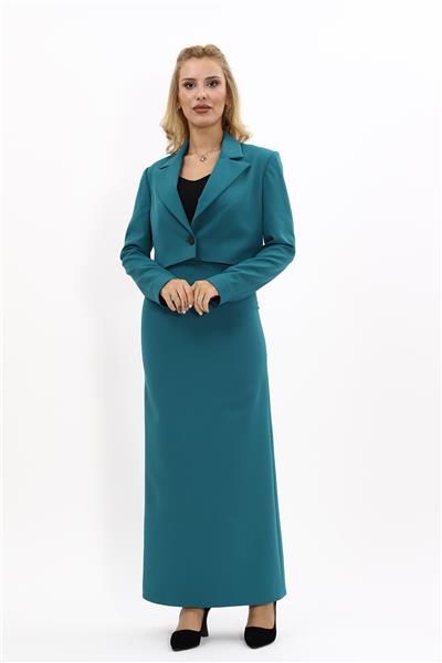 Erkek Yaka Tek Düğmeli Kısa Ceket & Uzun Düz Dar Etek-Petrol