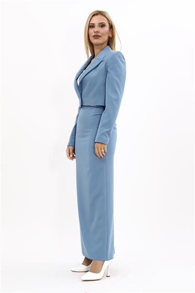 Erkek Yaka Tek Düğmeli Kısa Ceket & Uzun Düz Dar Etek-Deniz