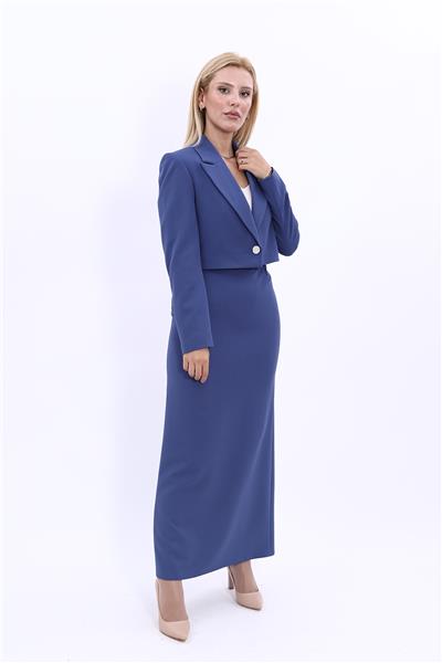 Erkek Yaka Tek Düğmeli Kısa Ceket & Uzun Düz Dar Etek-İndigo