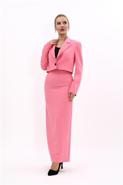 Erkek Yaka Tek Düğmeli Kısa Ceket & Uzun Düz Dar Etek-Pembe