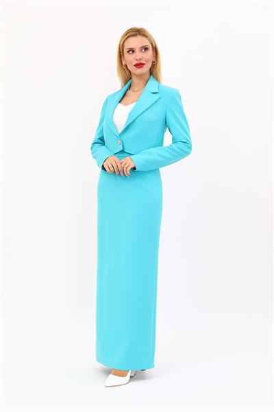 Erkek Yaka Tek Düğmeli Kısa Ceket & Uzun Düz Dar Etek-Turkuaz