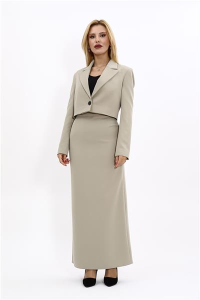 Erkek Yaka Tek Düğmeli Kısa Ceket & Uzun Düz Dar Etek-Bambu