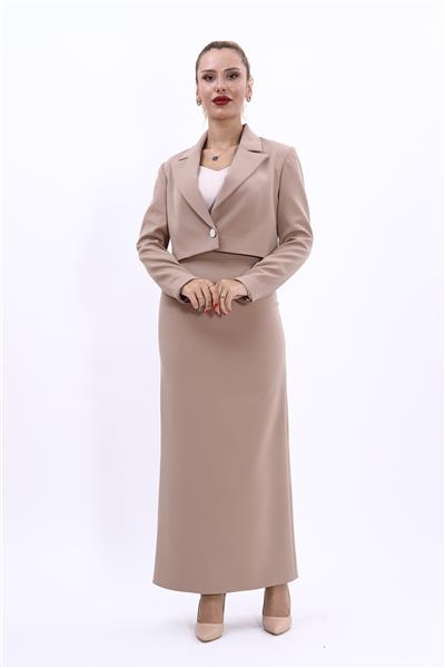 Erkek Yaka Tek Düğmeli Kısa Ceket & Uzun Düz Dar Etek-Taş