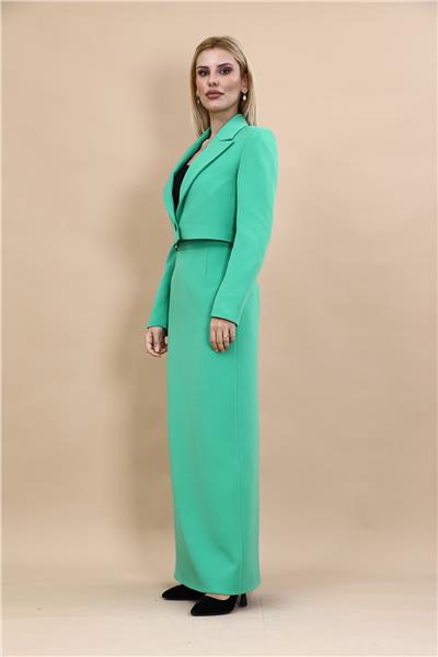 Erkek Yaka Tek Düğmeli Kısa Ceket & Uzun Düz Dar Etek-Yeşil