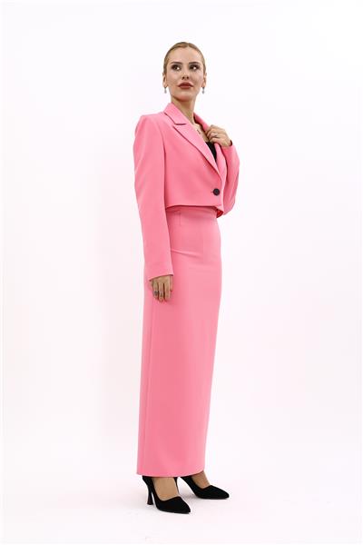 Erkek Yaka Tek Düğmeli Kısa Ceket & Uzun Düz Dar Etek-Pembe