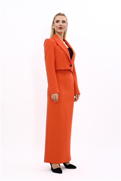 Erkek Yaka Tek Düğmeli Kısa Ceket & Uzun Düz Dar Etek-Turuncu