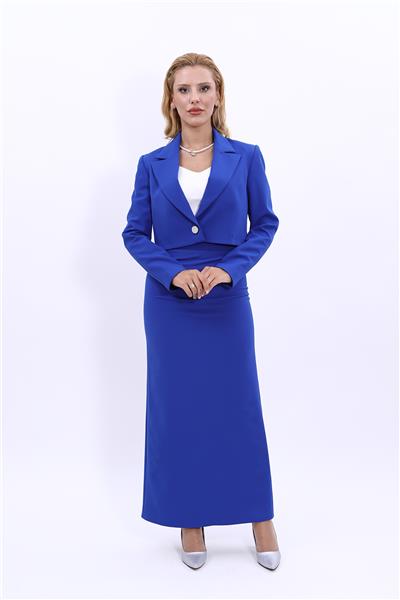 Erkek Yaka Tek Düğmeli Kısa Ceket & Uzun Düz Dar Etek-Saks