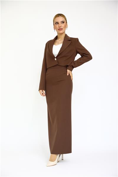 Erkek Yaka Tek Düğmeli Kısa Ceket & Uzun Düz Dar Etek-Kestane