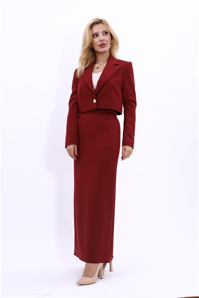 Erkek Yaka Tek Düğmeli Kısa Ceket & Uzun Düz Dar Etek-Bordo