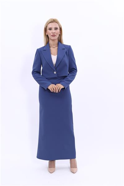 Erkek Yaka Tek Düğmeli Kısa Ceket & Uzun Düz Dar Etek-İndigo