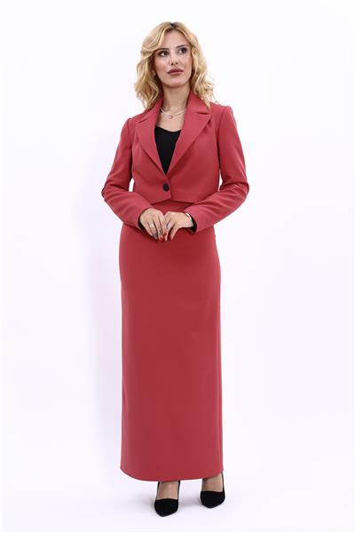 Erkek Yaka Tek Düğmeli Kısa Ceket & Uzun Düz Dar Etek-Kiremit