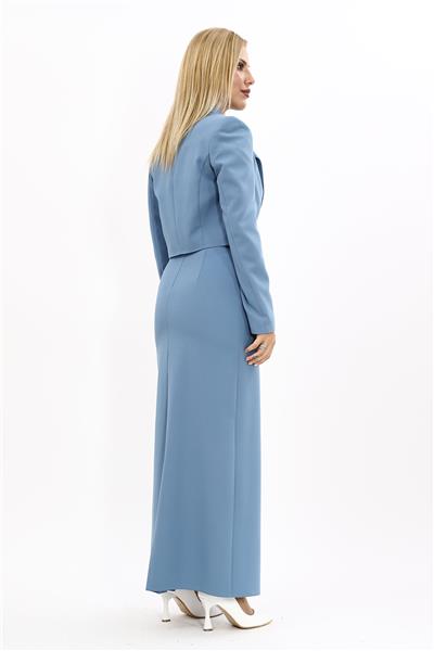 Erkek Yaka Tek Düğmeli Kısa Ceket & Uzun Düz Dar Etek-Deniz