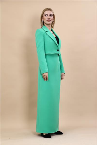 Erkek Yaka Tek Düğmeli Kısa Ceket & Uzun Düz Dar Etek-Yeşil