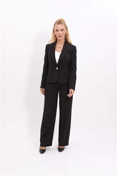 Erkek Yaka Tek Düğmeli Klasik Ceket & Bol Paça Pantolon-Siyah