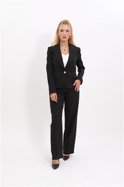 Erkek Yaka Tek Düğmeli Klasik Ceket & Bol Paça Pantolon-Siyah