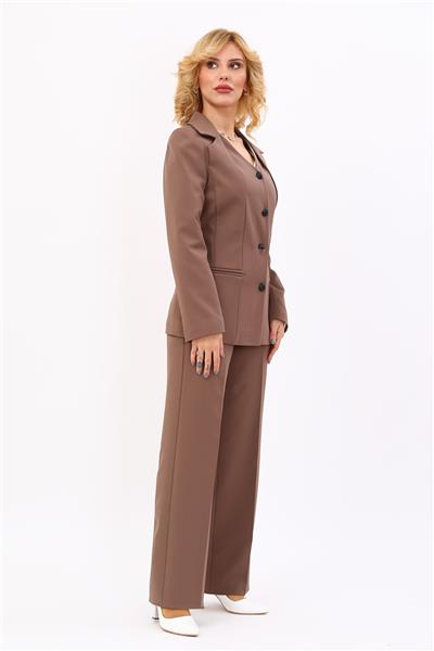 Erkek Yaka Tek Düğmeli Klasik Ceket & Bol Paça Pantolon Takım-Kahve