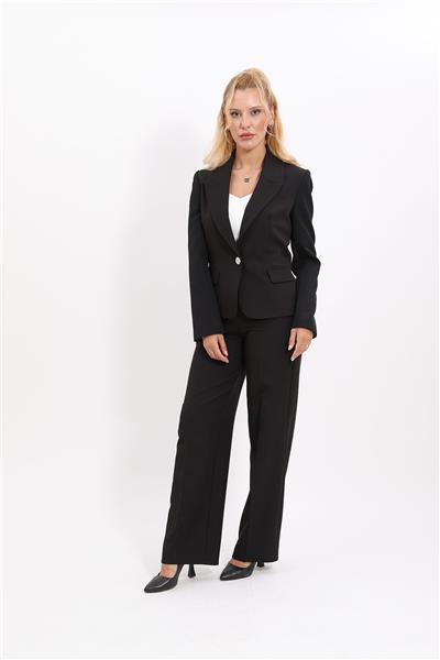 Erkek Yaka Tek Düğmeli Klasik Ceket & Bol Paça Pantolon-Siyah