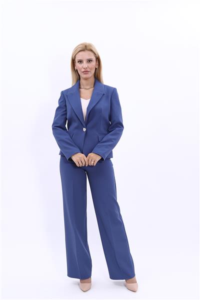 Erkek Yaka Tek Düğmeli Klasik Ceket & Bol Paça Pantolon-İndigo