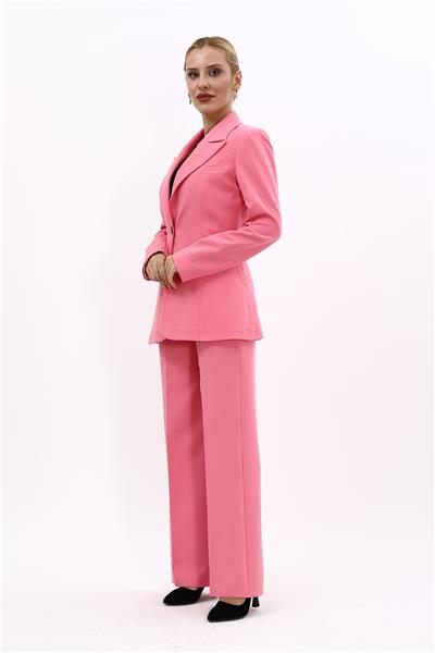 Erkek Yaka Tek Düğmeli Klasik Ceket & Bol Paça Pantolon Takım-Pembe