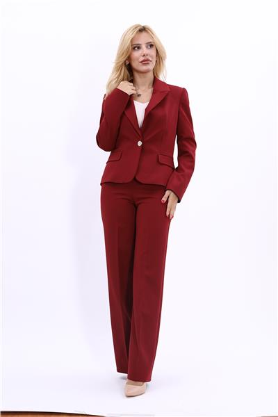 Erkek Yaka Tek Düğmeli Klasik Ceket & Bol Paça Pantolon-Bordo