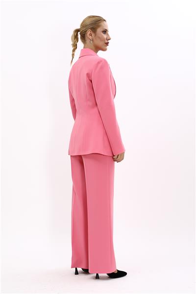 Erkek Yaka Tek Düğmeli Klasik Ceket & Bol Paça Pantolon Takım-Pembe