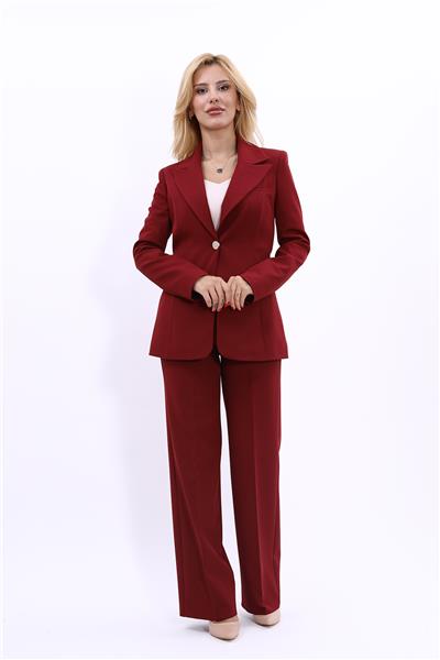 Erkek Yaka Tek Düğmeli Klasik Ceket & Bol Paça Pantolon Takım-Bordo