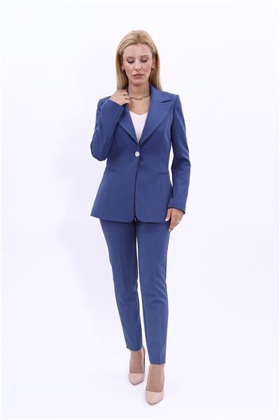 Erkek Yaka Tek Düğmeli Klasik Ceket &  Dar Paça Pantolon-İndigo