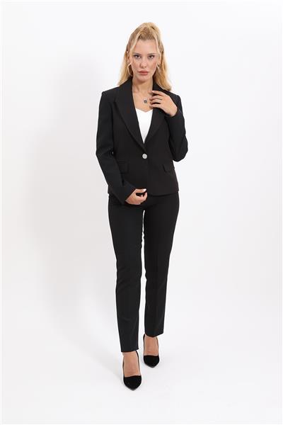 Erkek Yaka Tek Düğmeli Klasik Ceket & Dar Paça Pantolon-Siyah