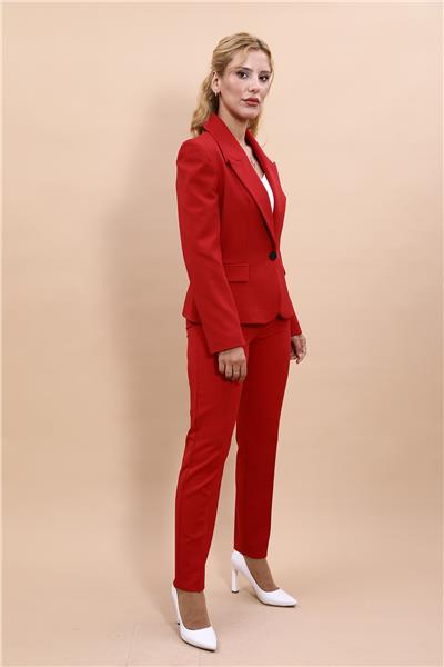 Erkek Yaka Tek Düğmeli Klasik Ceket & Dar Paça Pantolon-Kırmızı