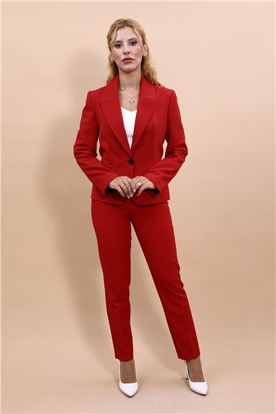 Erkek Yaka Tek Düğmeli Klasik Ceket & Dar Paça Pantolon-Kırmızı