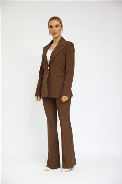 Erkek Yaka Tek Düğmeli Klasik Ceket & İspanyol Paça Pantolon-Kestane