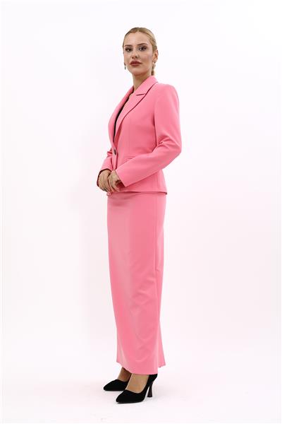 Erkek Yaka Tek Düğmeli Klasik Ceket & Uzun Düz Dar Etek-Pembe