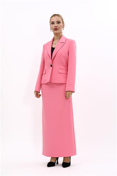 Erkek Yaka Tek Düğmeli Klasik Ceket & Uzun Düz Dar Etek-Pembe