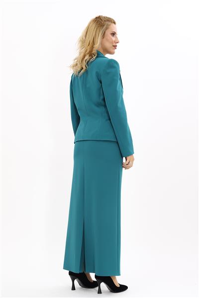 Erkek Yaka Tek Düğmeli Klasik Ceket & Uzun Düz Dar Etek-Petrol