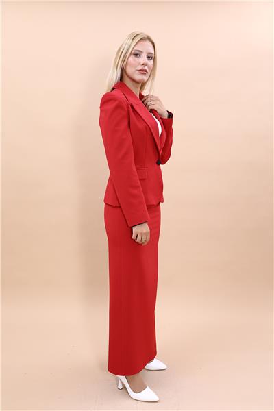 Erkek Yaka Tek Düğmeli Klasik Ceket & Uzun Düz Dar Etek-Kırmızı