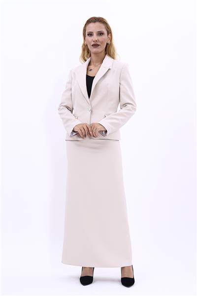 Erkek Yaka Tek Düğmeli Klasik Ceket & Uzun Düz Dar Etek-Bej