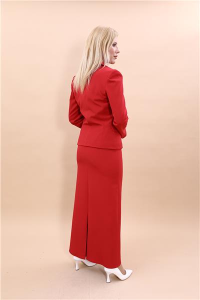 Erkek Yaka Tek Düğmeli Klasik Ceket & Uzun Düz Dar Etek-Kırmızı