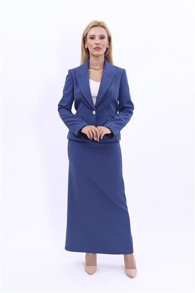 Erkek Yaka Tek Düğmeli Klasik Ceket & Uzun Düz Dar Etek-İndigo