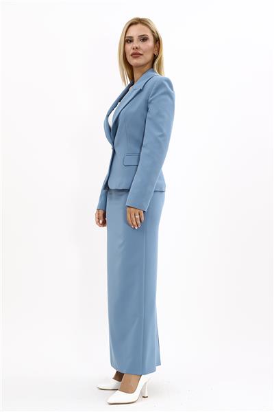 Erkek Yaka Tek Düğmeli Klasik Ceket & Uzun Düz Dar Etek-Deniz