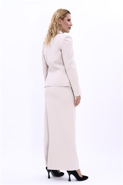 Erkek Yaka Tek Düğmeli Klasik Ceket & Uzun Düz Dar Etek-Bej