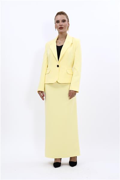 Erkek Yaka Tek Düğmeli Klasik Ceket & Uzun Düz Dar Etek-Sarı