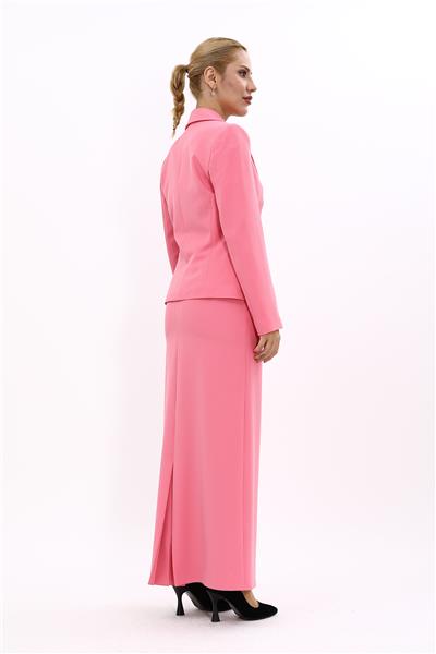 Erkek Yaka Tek Düğmeli Klasik Ceket & Uzun Düz Dar Etek-Pembe