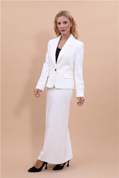 Erkek Yaka Tek Düğmeli Klasik Ceket & Uzun Düz Dar Etek-Beyaz