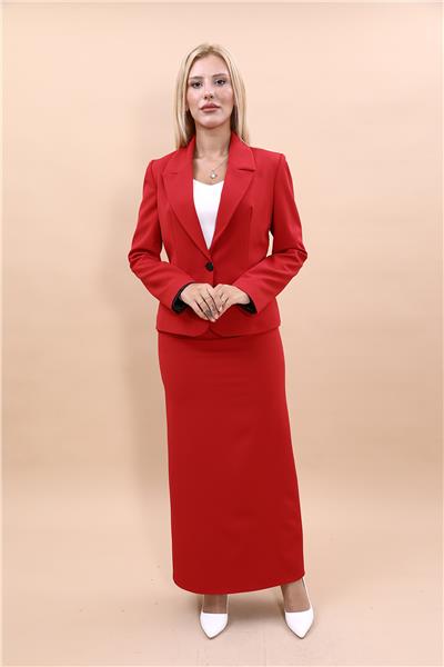 Erkek Yaka Tek Düğmeli Klasik Ceket & Uzun Düz Dar Etek-Kırmızı